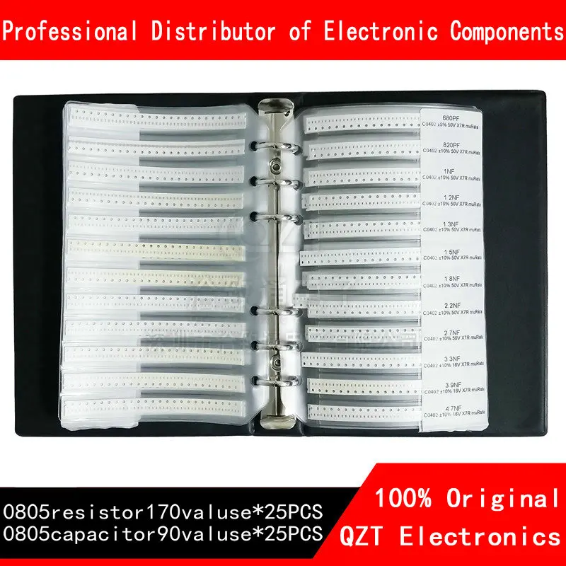 0805 SMD Resistor 0R~10M 1% 170valuesx25pcs=4250pcs + Capacitor 90valuesX25pcs=2250pcs 0.5PF~22uF Sample Book