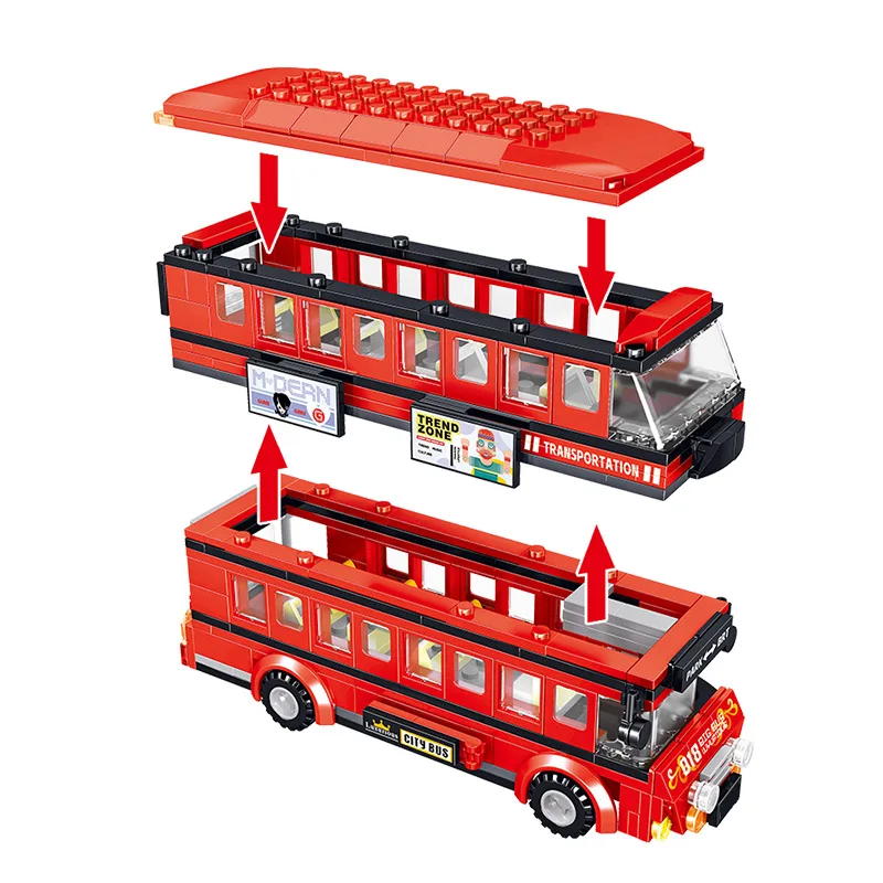 398PCS Brt Double Deck Bus Building Blocks Red Bus City School Car Bricks Enlightenment Toys for Kids