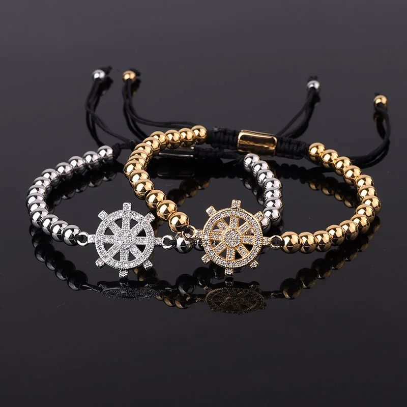 

Classic Design Stainless Steel Beads CZ Pave Rudder Charm Handmade Macrame Friendship Bracelet Men Women