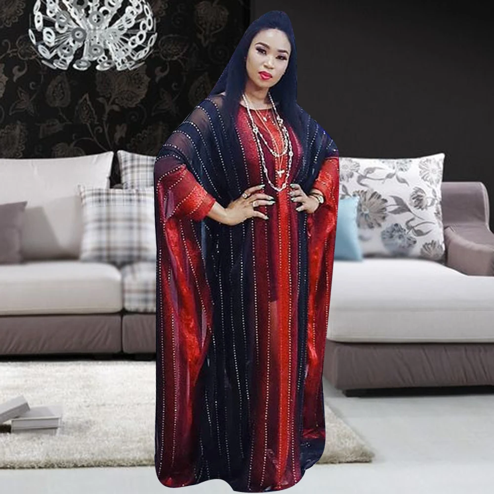 Boubou 2021 Dresses For Women Stripe Printed O-collar Long Bat Sleeve Maxi Dress Africaine Femme Abaya Fashion Party Robe Gowns