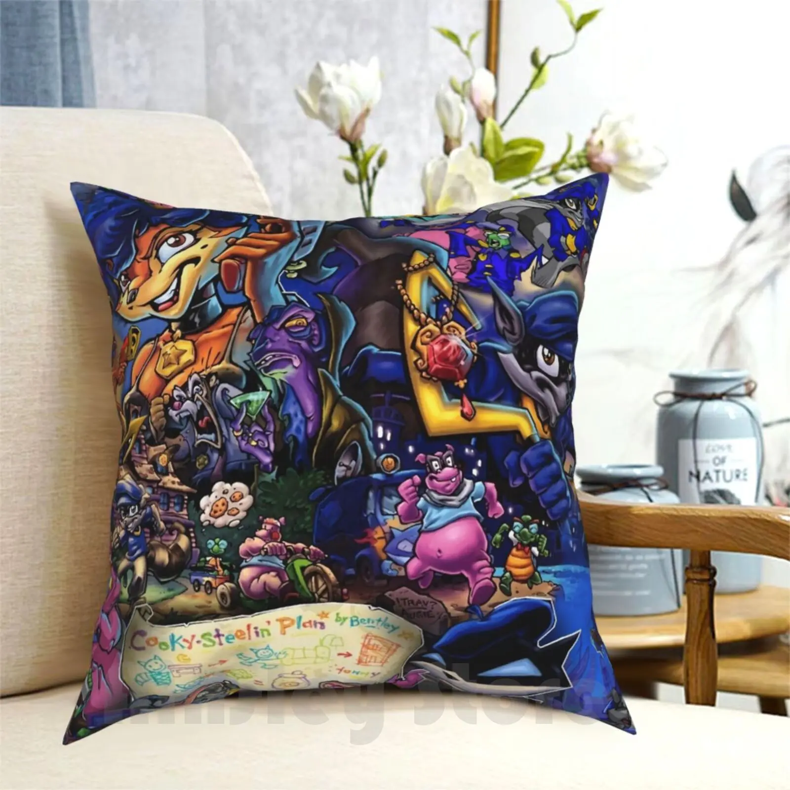 Comic Collage Sly Cooper Pillow Case Printed Home Soft Throw Pillow Slycooper Sly Cooper Raccoon Fox Turtle Hippo Comic