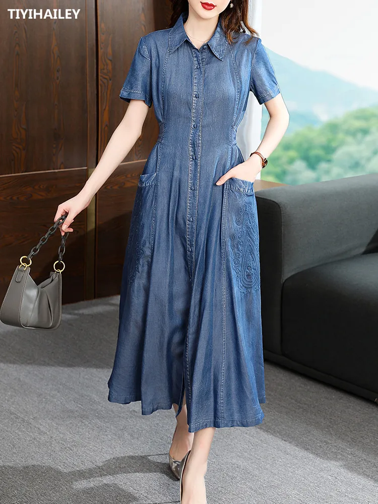 

TIYIHAILEY Free Shipping Women Long Maxi Summer Denim S-XL Short Sleeve Dress Single Breasted Turn Down Collar Embroidery