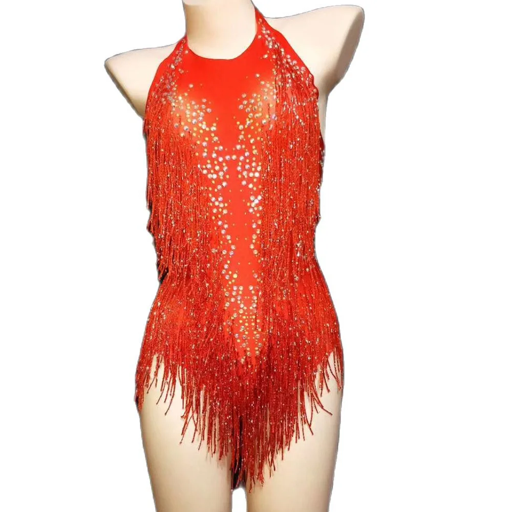 

Shining Women Rhinestones Fringes Backless Neck-Mounted Bodysuit Nightclub Performance Costume Party Stage Dance Wear