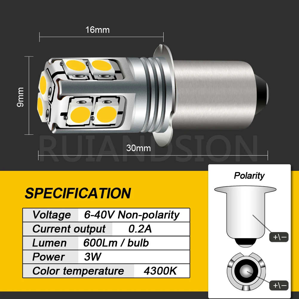 RUIANDSION 1Pcs E10 P13.5S PR2 3030SMD Maglite Replacement Bulb 6V-40V 9V 12V 18V 24V 4-9D Torch Flashlight 600Lm 6000K 4300K