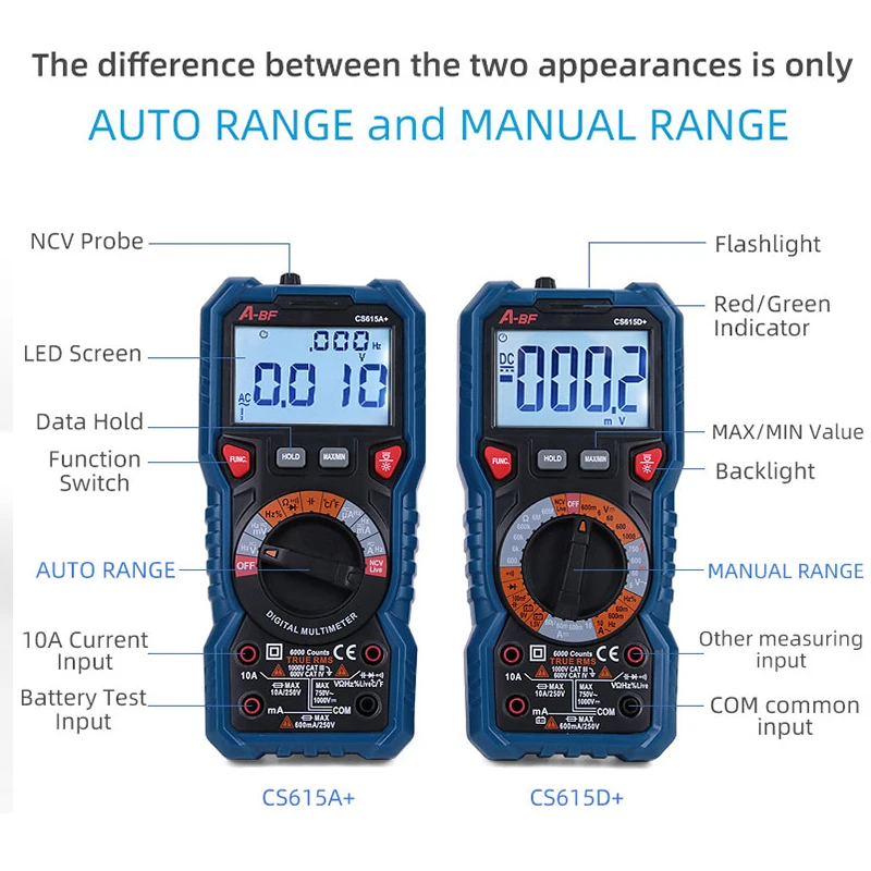 A-BF Digital Multimeter True RMS  Portable AC/DC Ammeter Multimeter Intelligent Auto Range Data Hold High Precision Anti-burn