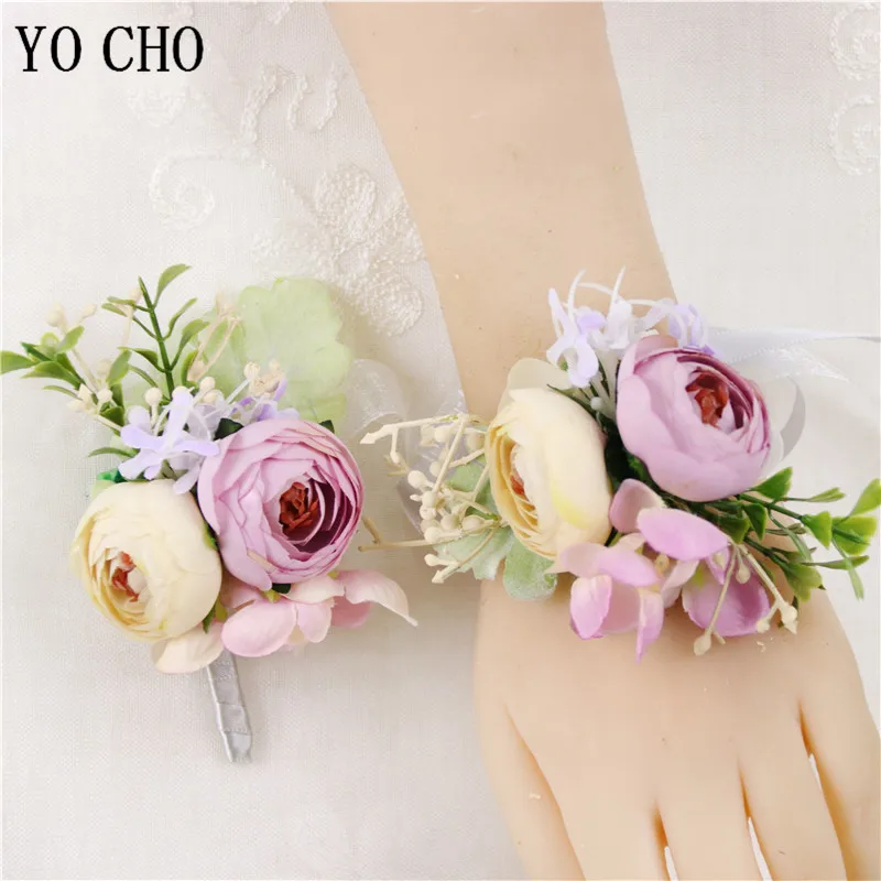 YO CHO Künstliche Blumen Bräutigam Bouton Mann Brautjungfern Mädchen Handgelenk Corsage Armband Hochzeit Blumen Boutonnieres Party Decor