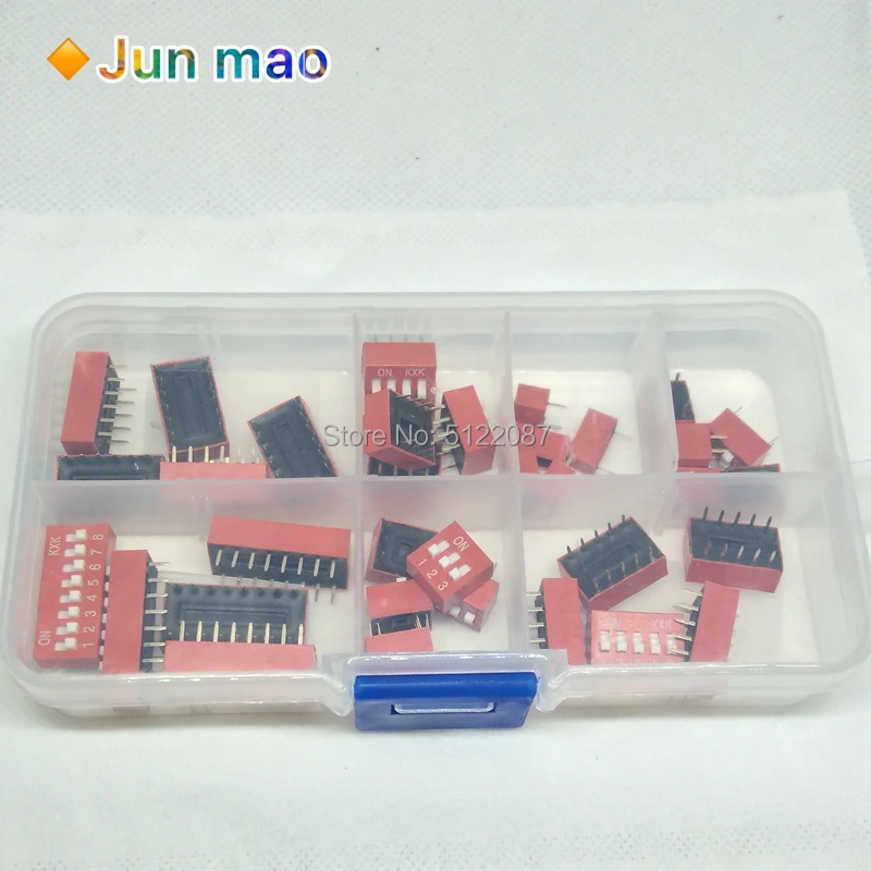 35PCS/LOT Dip Switch Kit In Box 1 2 3 4 5 6 8 Way 2.54mm Toggle Switch Red Snap Switches Mixed Kit Each 5PCS Combination Set