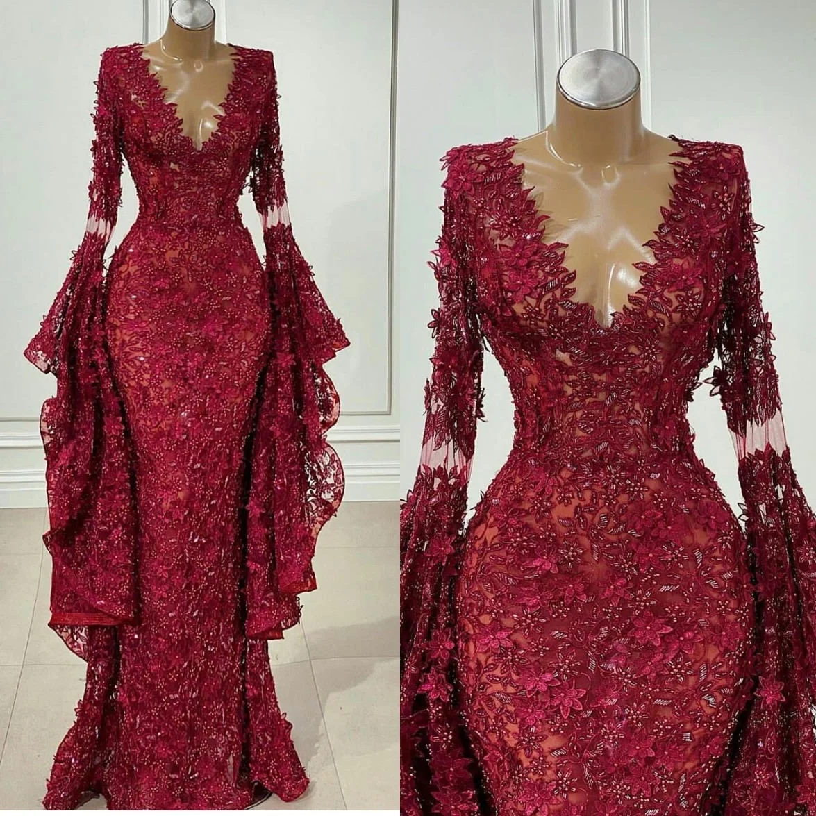 Full Lace Appliques Prom Dress 2021 Fashion Long Sleeves V Neck Mermaid Evening Gowns Vestido De Novia
