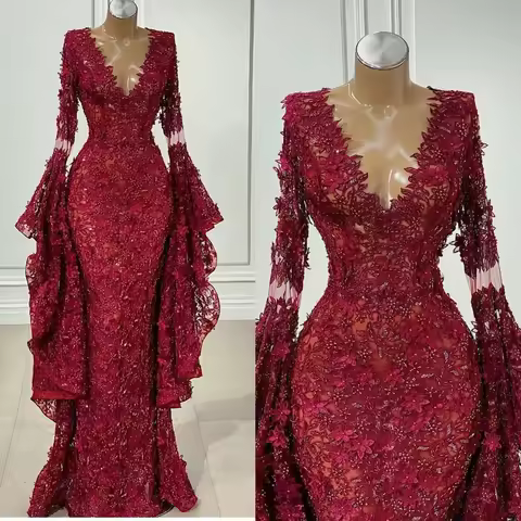 Full Lace Appliques Prom Dress 2021 Fashion Long Sleeves V Neck Mermaid Evening Gowns vestido de novia