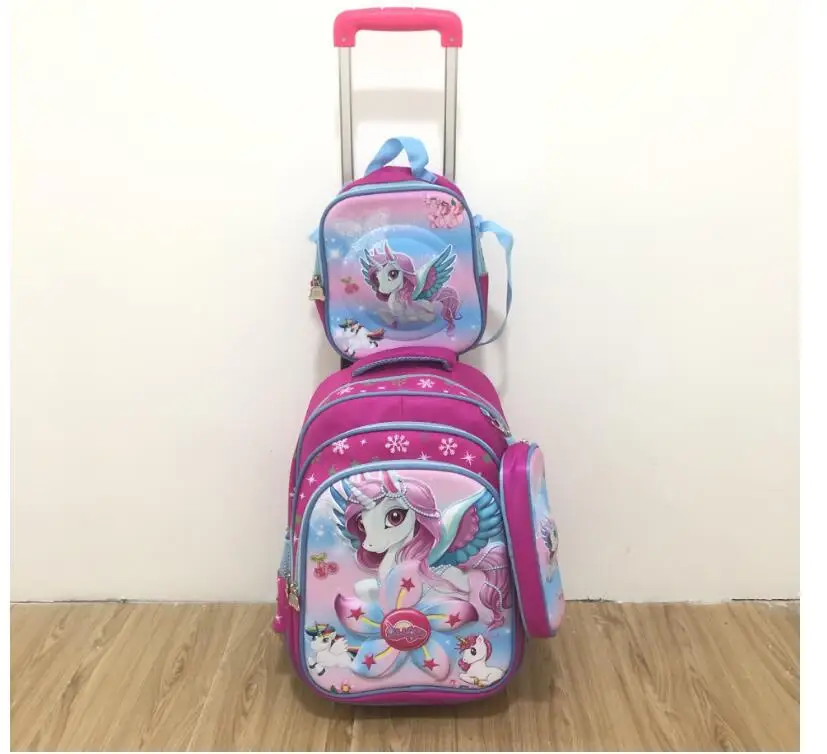 Mochila escolar com rodinhas para meninas, conjunto de bolsa escolar com rodinhas para estudantes e crianças