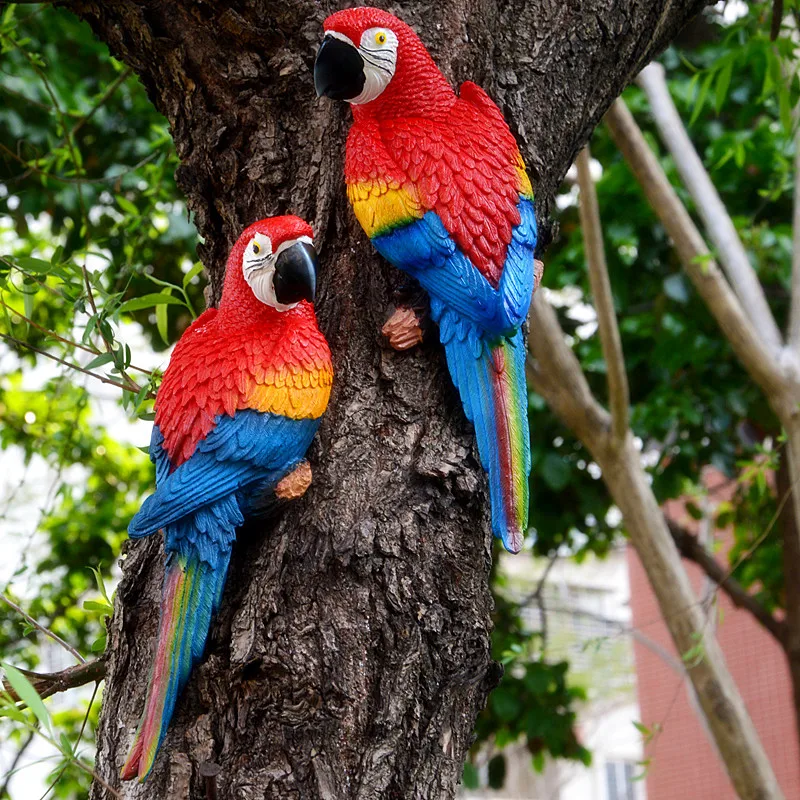 Resin Parrot Statue Wall Mounted DIY Outdoor Garden Tree Decoration Animal Sculpture For Home Office Garden Decor Ornament