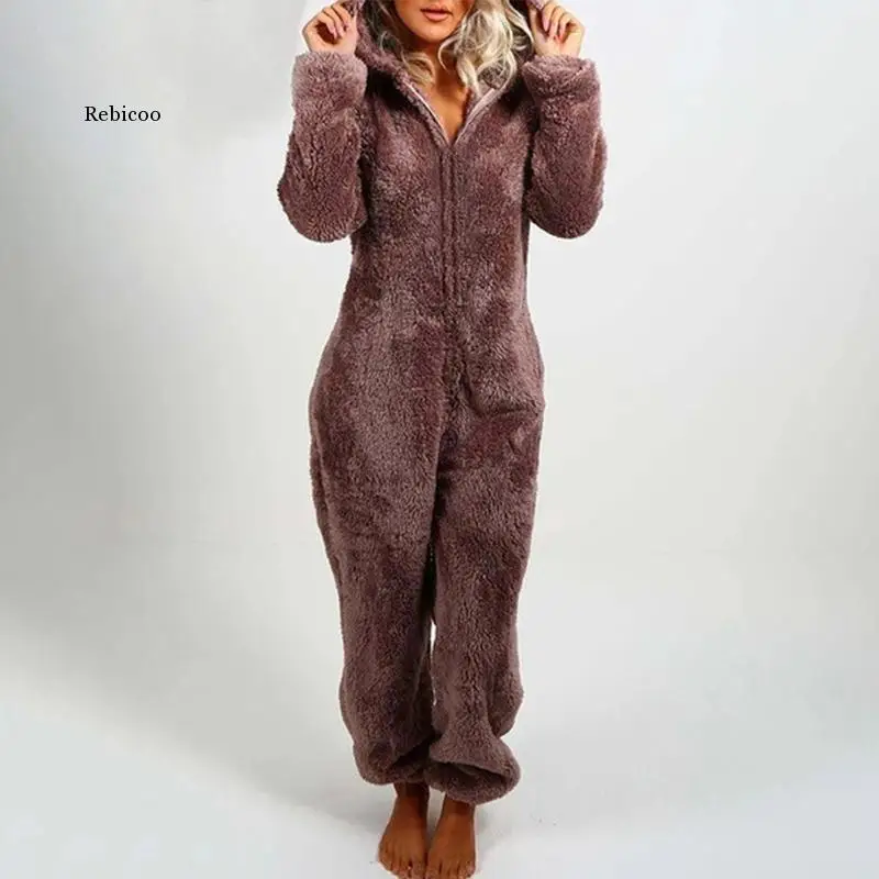 Fleece Thicken Hoodied Warm Women Onesies Plus Velvet Zipper Long Sleeve Ladies Pajamas 2020 Winter Casual Solid Female Homewear