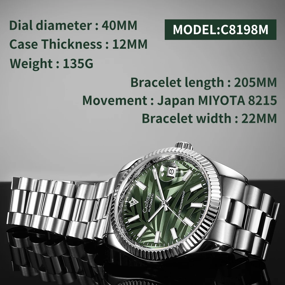 CADISEN Automatic Watch Men Mechanical Watches Olive Green Palm Motif Dial 316L Relogio Masculino 100M Waterproof Wristwatch