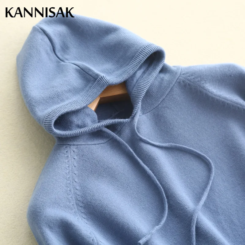 KANNISAK Spring Autumn Women Hoodies 2021 New Solid Sweatshirts Long Sleeve Hooded Hoodie Loose Lady Casual Knitted Pullovers