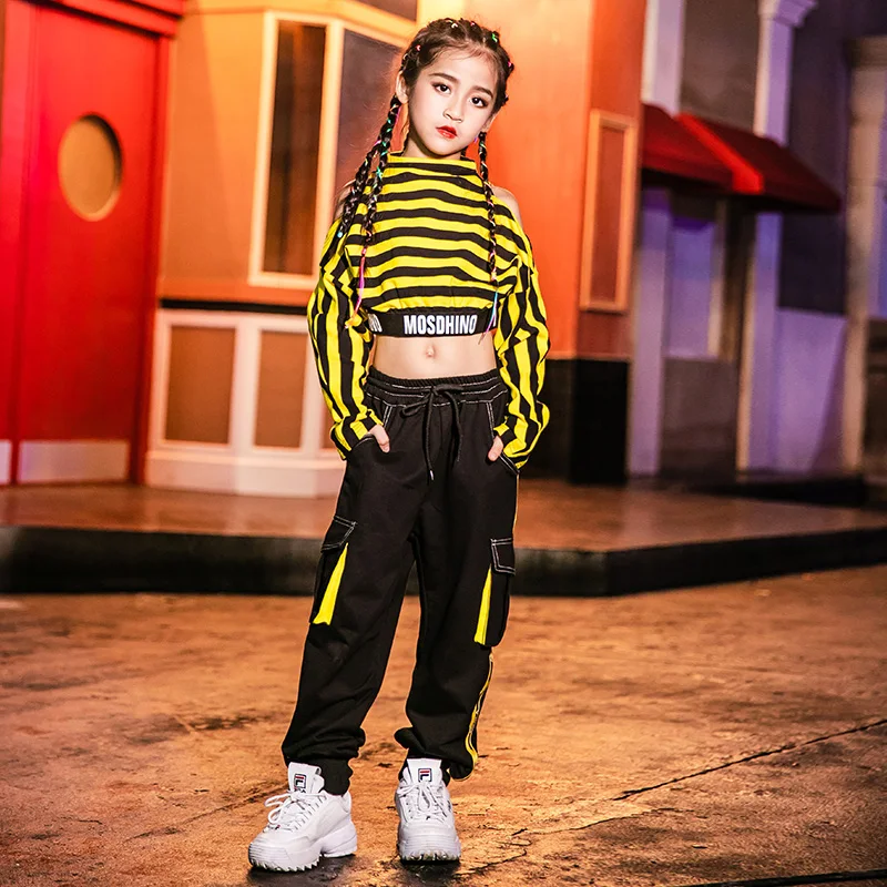 Hip Hop Dance Costumes Yellow Striped Top Kids Street Dancing Clothing Girls Cheerleader Set Girls Jazz Stage Show Wear DN4328