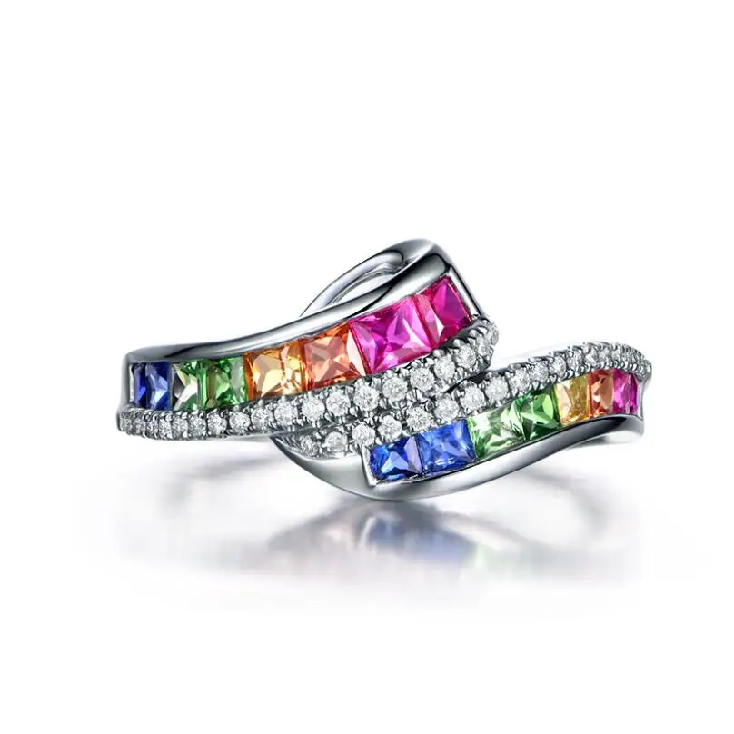 Milangirl New Trendy Ladies White  Filled Multicolor Rainbow AAA Zircon Elegant Ring Wedding Engagement Rings Jewelry image 2