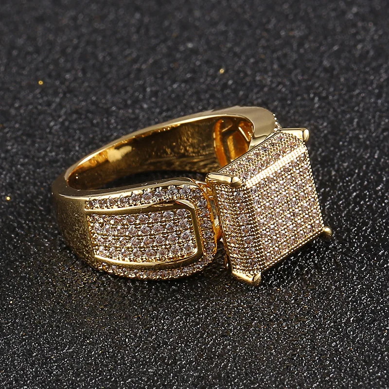 Hip Hop 5A+ CZ Stone Paved Bling Ice Out Geometric Square Finger Rings Men Signet Ring Male Rapper Jewelry