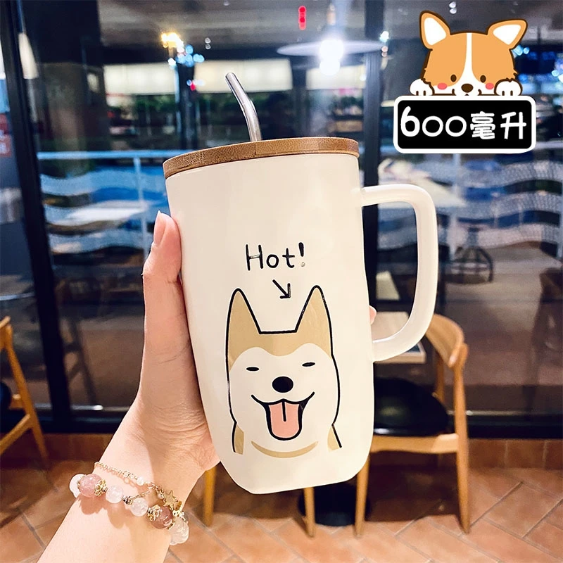 Tazza di Design creativo per cani tazza da caffè in ceramica con coperchio in legno cannuccia in acciaio inossidabile 600ml tazze da tè al latte di