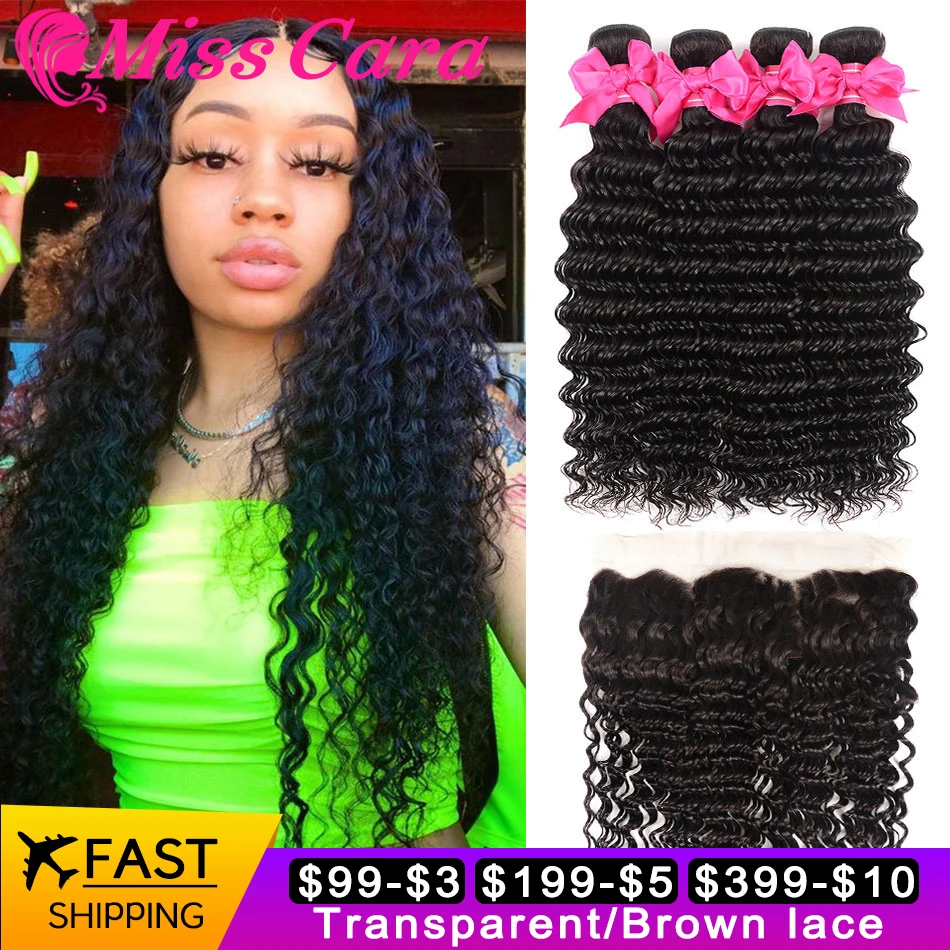 

Brazilian Deep Wave 3/4 Bundles with 13*4 Frontal 100% Human Hair Bundles with Frontal Miss Cara Remy Hair Frontal With Bundles