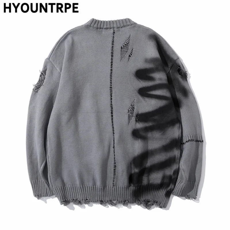 Męskie hip-hopowe zniszczenie zgrywanie otworów Streetwear Graffiti sweter Harajuku Vintage Retro sweter z dzianiny nowy Casual pulower bawełniany