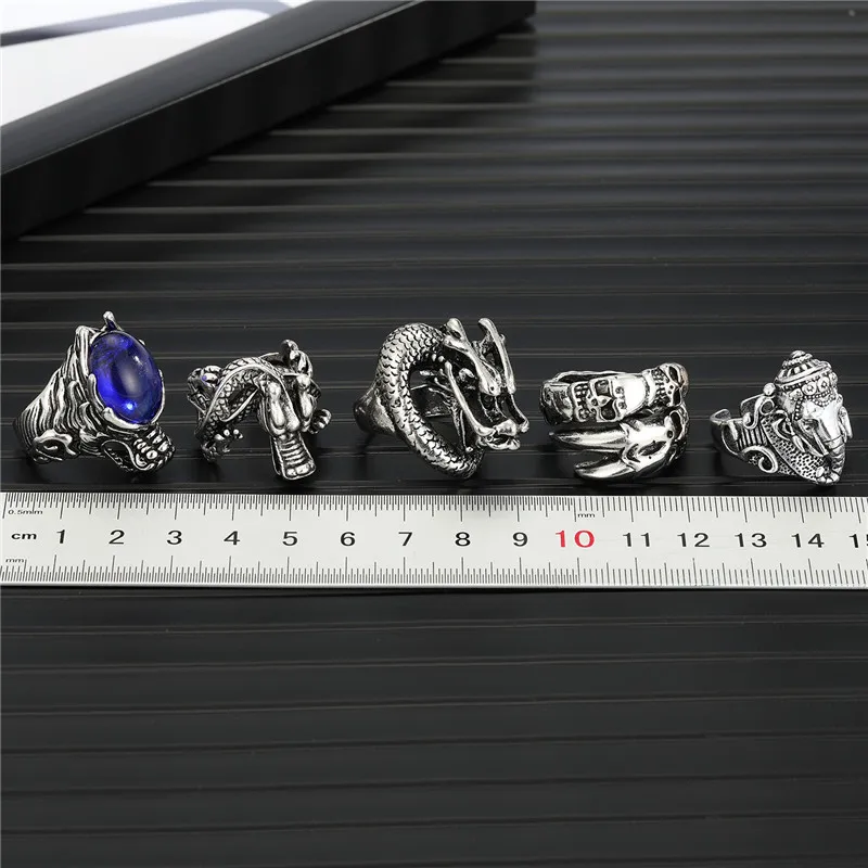 C Gothic Punk Dragon Skeleton Ring For Men Vintage Ethnic Personality Blue Bead Elephant Animals Skull Paw Male  Ring Jewelry