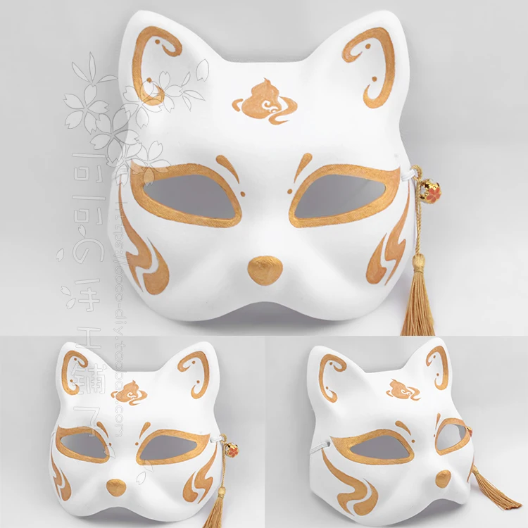 Jx3 Series Online Games Related Japanese Kimono Fox Cat Masks Hand Painted Bell Halloween Cosplay Party Props