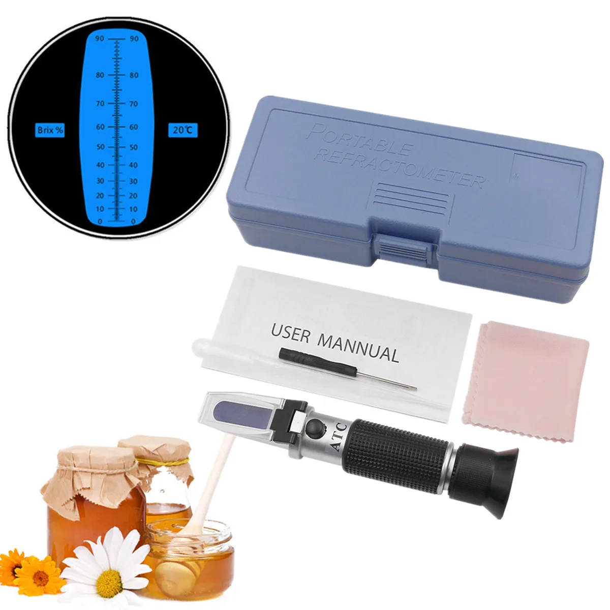 Refractometer 0-90% Brix Handheld with Box ATC sugar Optical Instruments Auto Refractometer Fruit Sauce Meter Sugar Refractomer