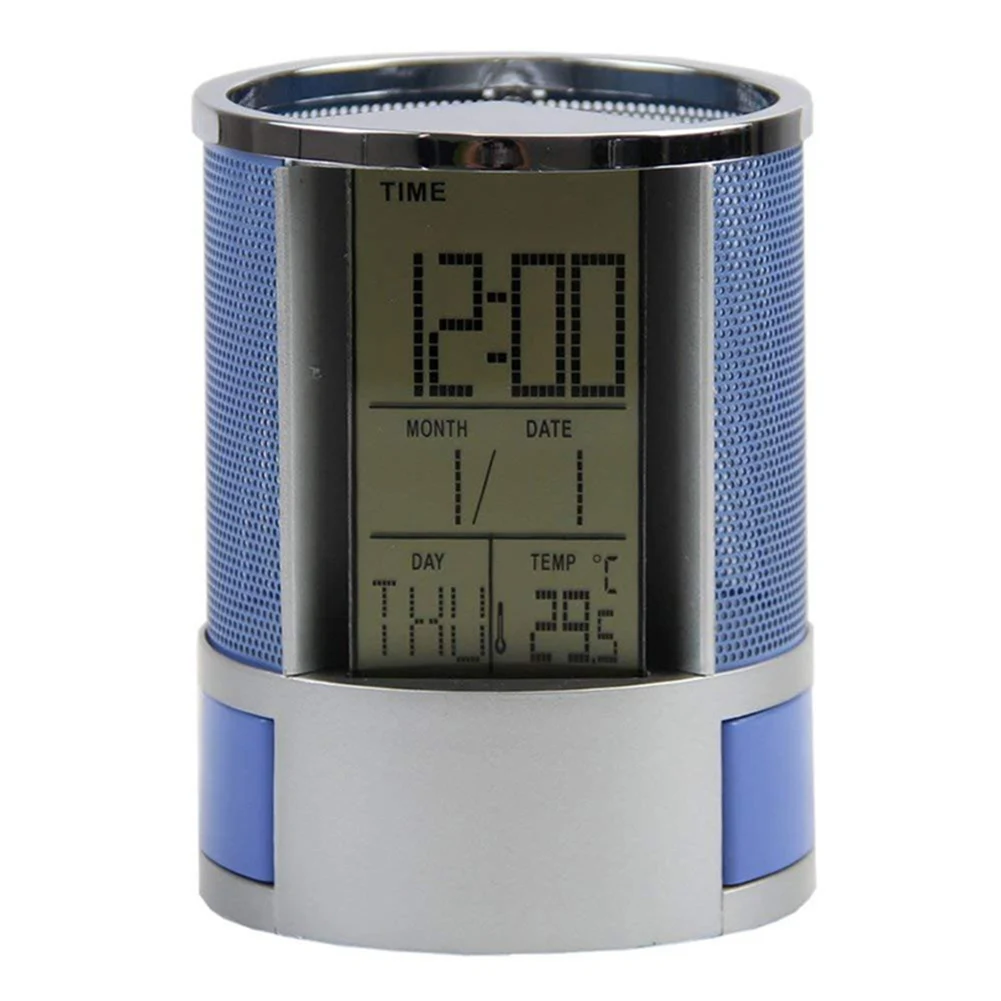 Office LCD Alarm Clock Time Temperature Display Pen Pencil Holder Desk Organizer