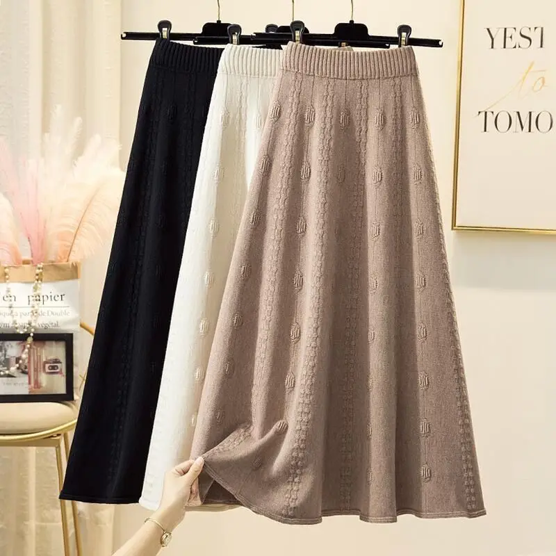 High waist big swing knitted skirt women 2023 autumn and winter new fashion mid-length temperament pure color a-line skirt