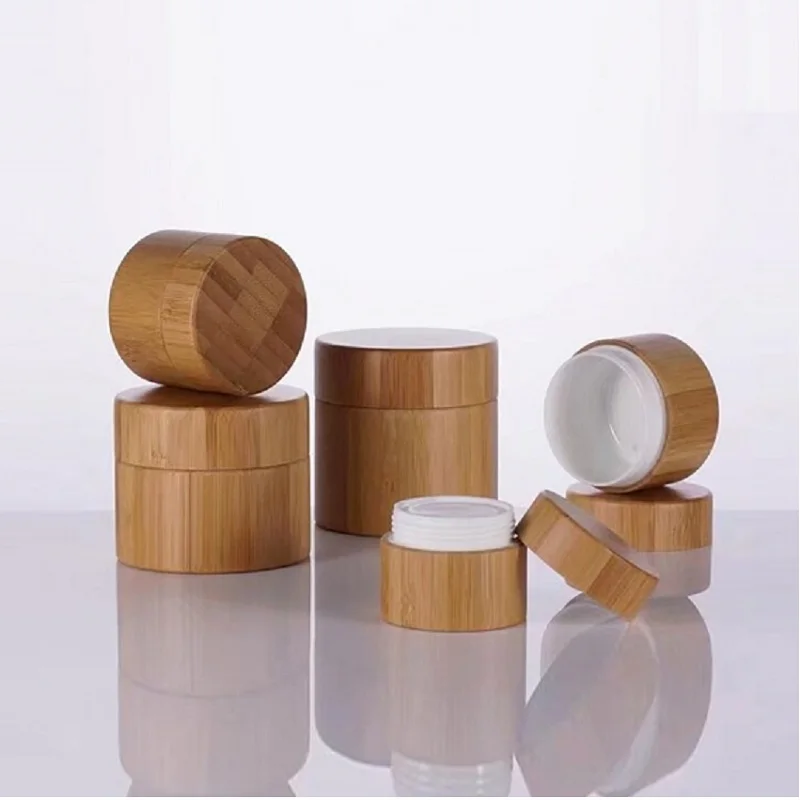 

plastic jar with lid 8 oz Bamboo Covered Cream Plastic Jars lot Essence cream Container Natural Bamboo Cosmetic Packaging