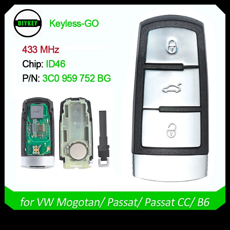 

DIYKEY for VW Magotan Passat CC B6 2008-2014 433MHz ID46 Chip 3 Button Keyless Remote Car Key Fob Key Shell Case 3C0 959 752 BG