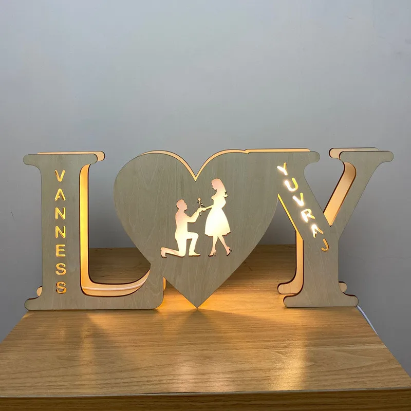 Personalized Name LED Night Light Custom Wooden Engraved Name Wall Light Decorative Luminaires Anniversary Wedding Wedding Gift