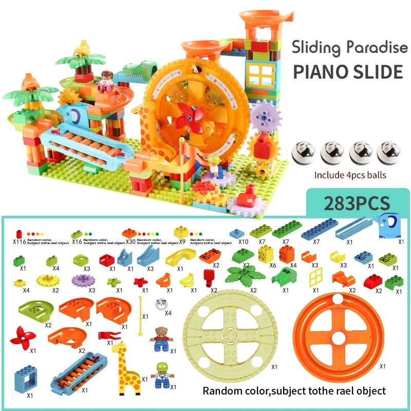 Grande mesa giratória Piano Slide Marble Run Building Blocks Set, tijolos de tamanho grande, brinquedos infantis, 283pcs