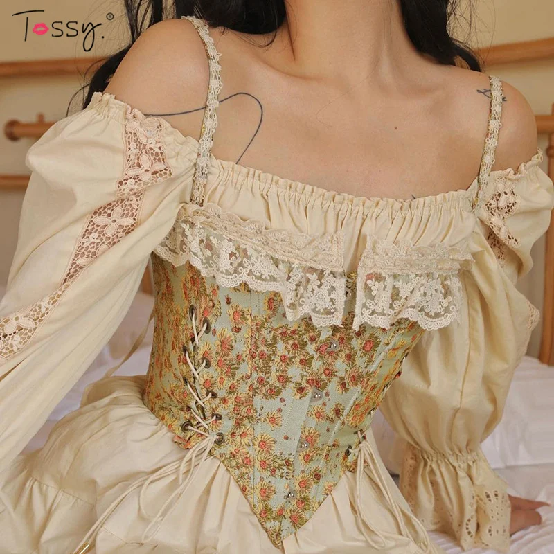 Tossy Floral Printed Lace Vintage Spaghetti Corsets Women Wrap Design Girdle Body Shaper Belly Top Waist Slim Belt Accessories