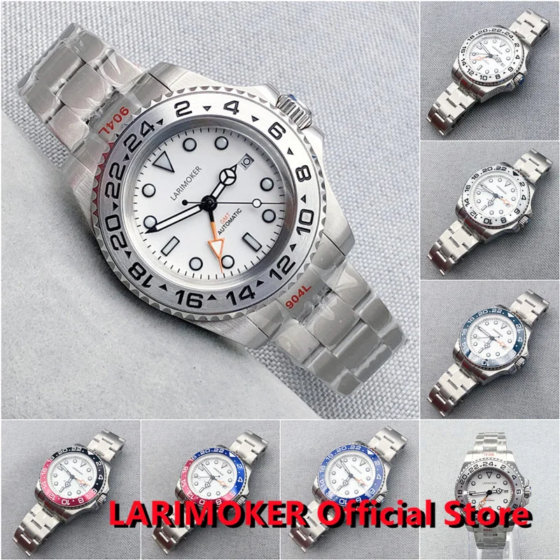 

LARIMOKER 44mm New Design Luxury Automatic Men Watches Lume Oranger GMT 3804 Brushed Oyster Strap Sapphire Glass Screwdown Crown