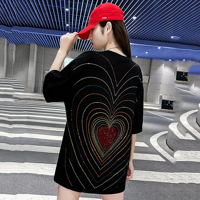  45-150KG Black 2022 Summer New Rhinestone Hot Rhinestone Back Corrugated Heart round Neck Short Sleeve T-shirt Women