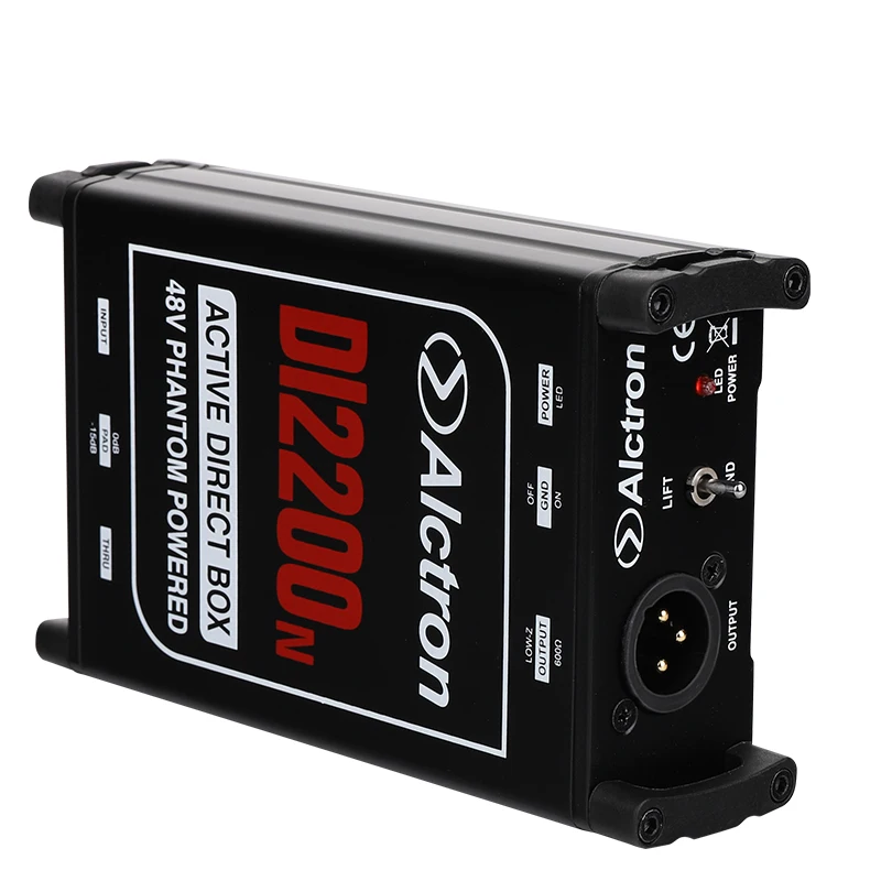 Alctron DI2200N, 무대 공연에 사용되는 DI 박스, 금속 하우징 및 고무 보호 장치로 높은 곳에서 떨어지는 것을 방지