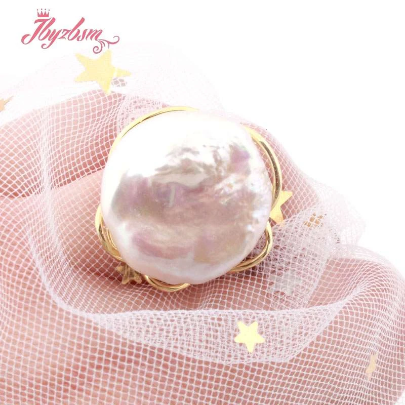 17-19mm Coin Freshwater Pearl Ring Bead Natutal Stone Beads For Women Gift Silver Plate Jewelry Ring Adjustable Size:#8-#10 1 Pc