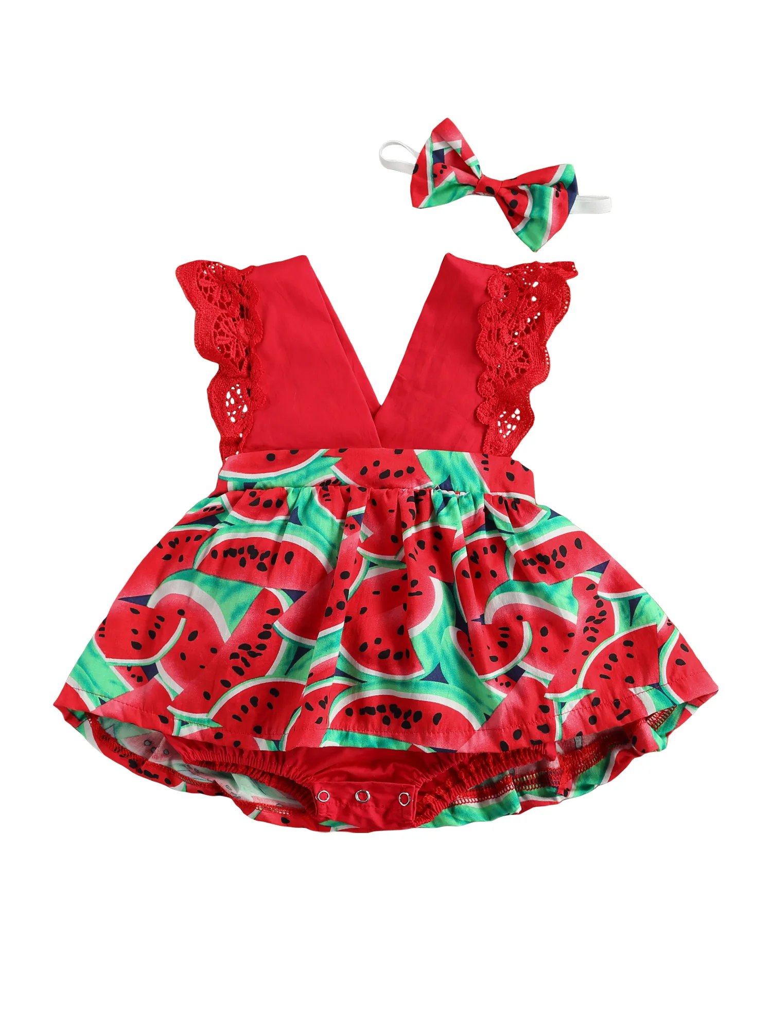 Baby Girl Clothes Watermelon Print Girls Romper Sleeveless Deep V-neck Short Jumpsuit Bow-knot Headband Children's Clothing Set