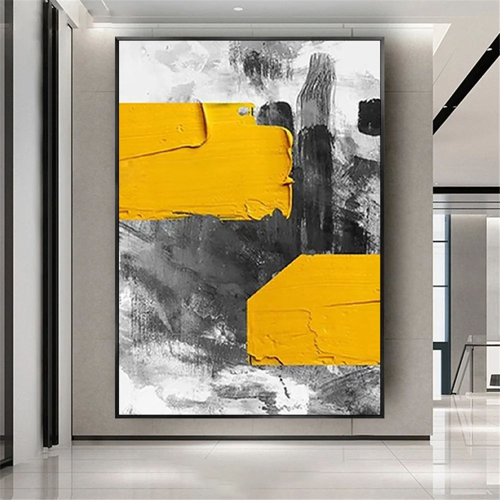 

Hand-Painted Oil Painting Large Drawing 3d Black And Yellow Orange And Gray Abstract Modern Living Room Sofa Background Decor