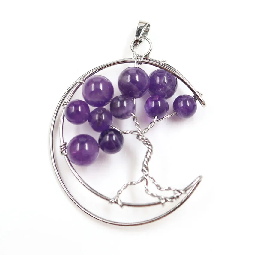 

FYJS Unique Silver Plated Crescent Moon Amethysts Stone Pendant Black Agates Classic Style Jewelry