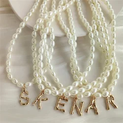 Imitation Pearl Choker A-Z Initial Letter Pendant Necklace For Women Golden Bamboo Alphabet Pearl Beaded Necklace Trendy Jewelry