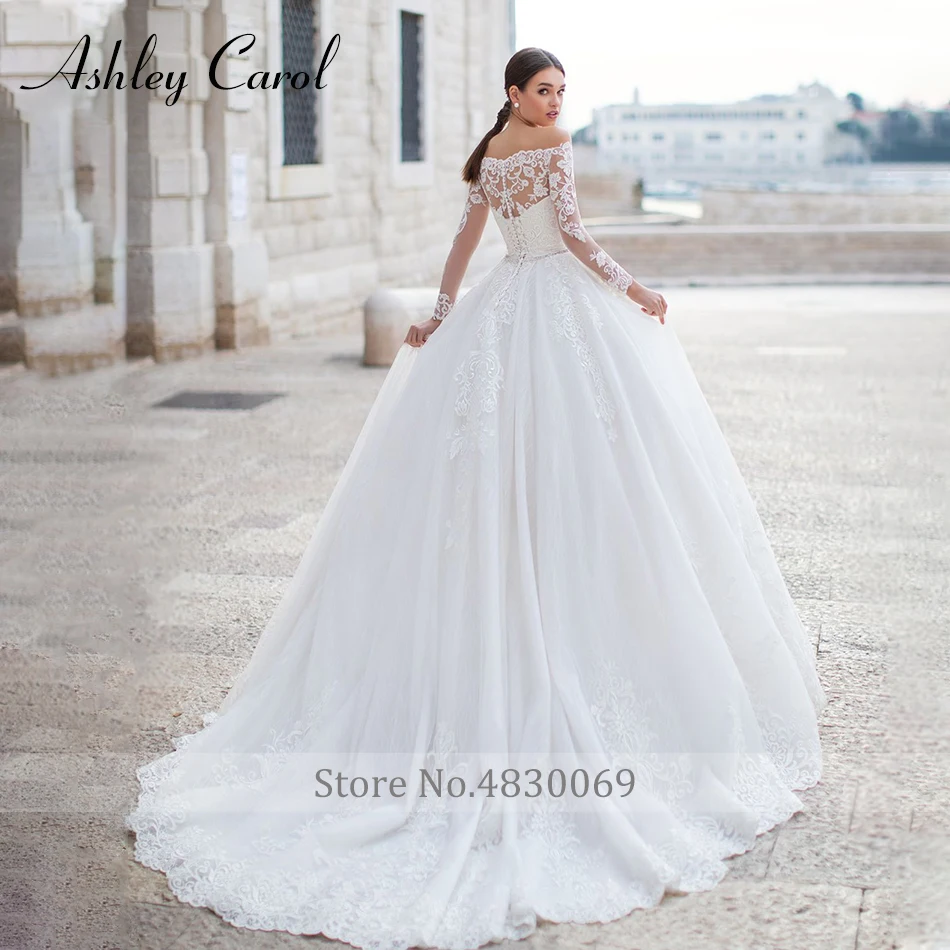 وصول أشلي كارول الجديد مع سترة طويلة الأكمام مع حزام كريستال يزين ثوب الزفاف Vestidos De Novia
