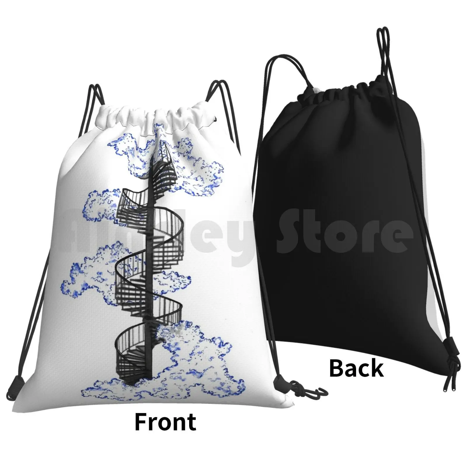 Tiny Stairway To Heaven Backpack Drawstring Bags Gym Bag Waterproof Stairway To Heaven Stairway Clouds Sky Pretty Blue