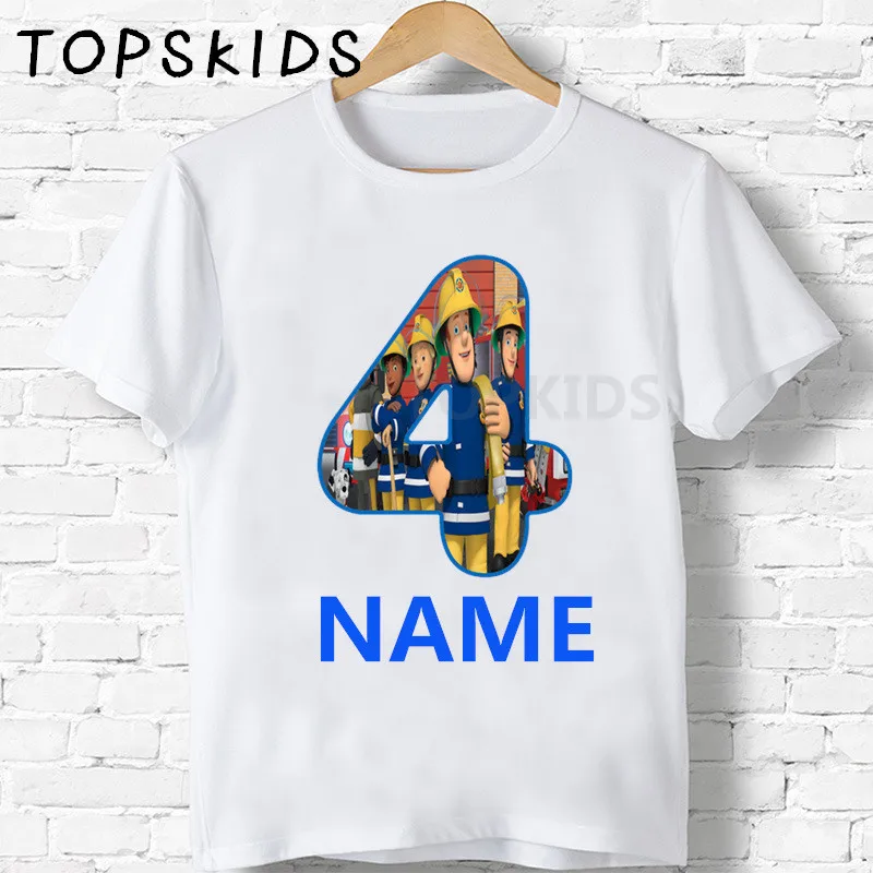 2020 Fireman Sam Cartoon Kids Clothes Baby Boys Happy Birthday Number 1~9 Party T shirt Girls T-shirt Children\'s Gift