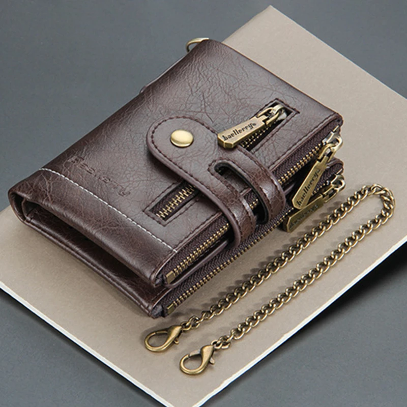 High Quality Men Wallet PU Leather Short Male Wallet Retro Three Fold Chain Money Bag Multi-card Male Purse Zipper Pouch