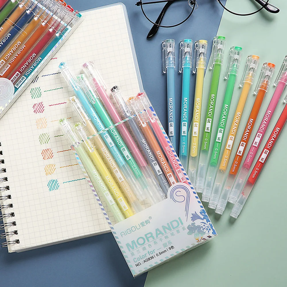 9Pcs Morandi Gray Pens Set Multi Color Gel Ink Pens Vintage Marker Liner 0.6mm Ballpoint Pen School Office Stationery Gift Pen