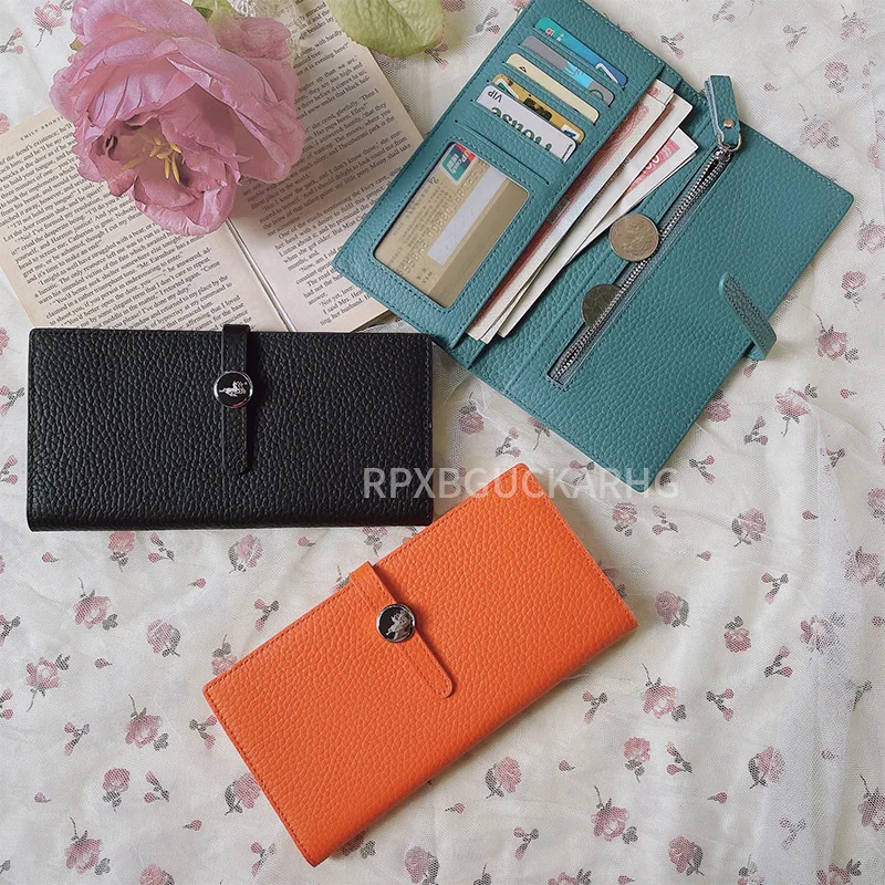 Genuine Leather Women Wallets Luxury Long Hasp Lychee Pattern Coin Purses Female Brand Solid Colors New Thin Clutch Phone Bag