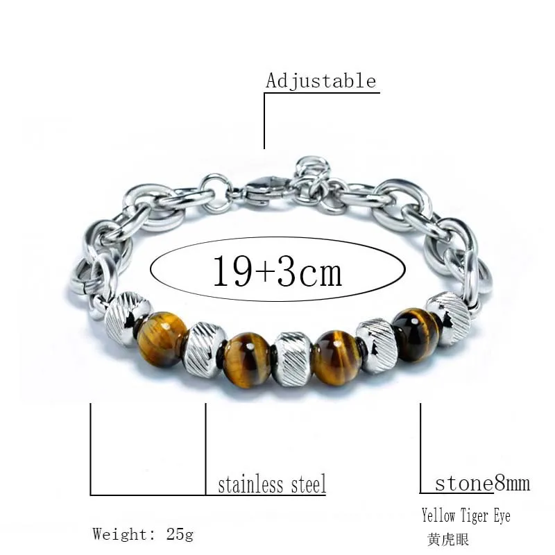 Trendy Mens Stainless Steel Bracelet 100% Real Natural Stone Beads Braslet Tiger eye Punk Link Chain Brazalete Gift For Him