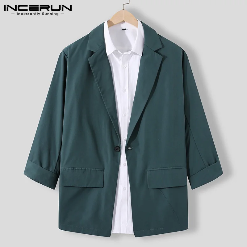 INCERUN-Chaqueta de moda para hombre, ropa de calle con solapa de Color sólido, manga 3/4, trajes de ocio con un botón, chaquetas finas informales,